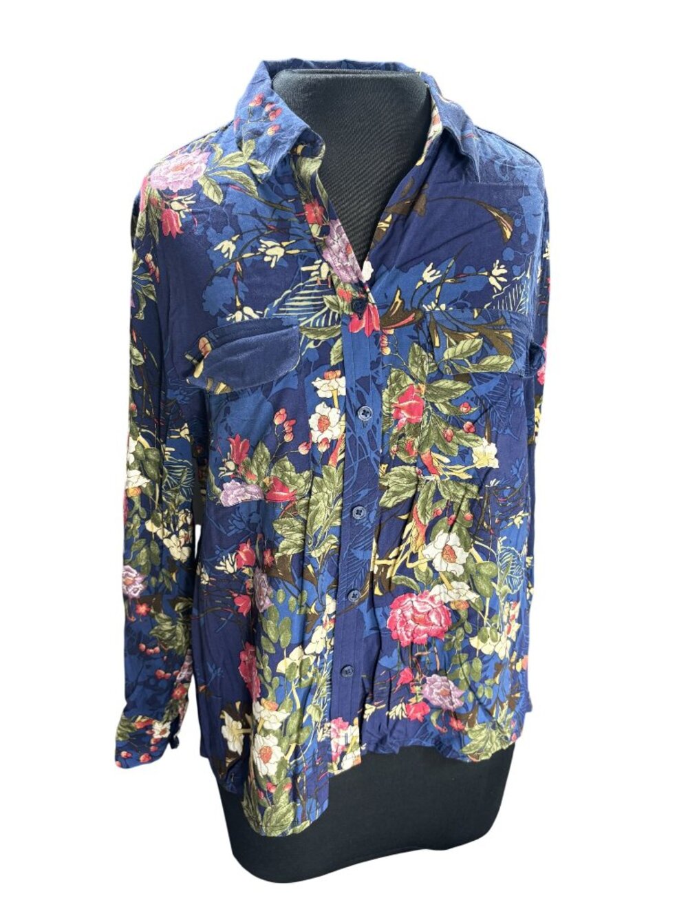 Floral Button-Up Shirt With Long Sleeves & Collared Neckline Multicolor Print Wo